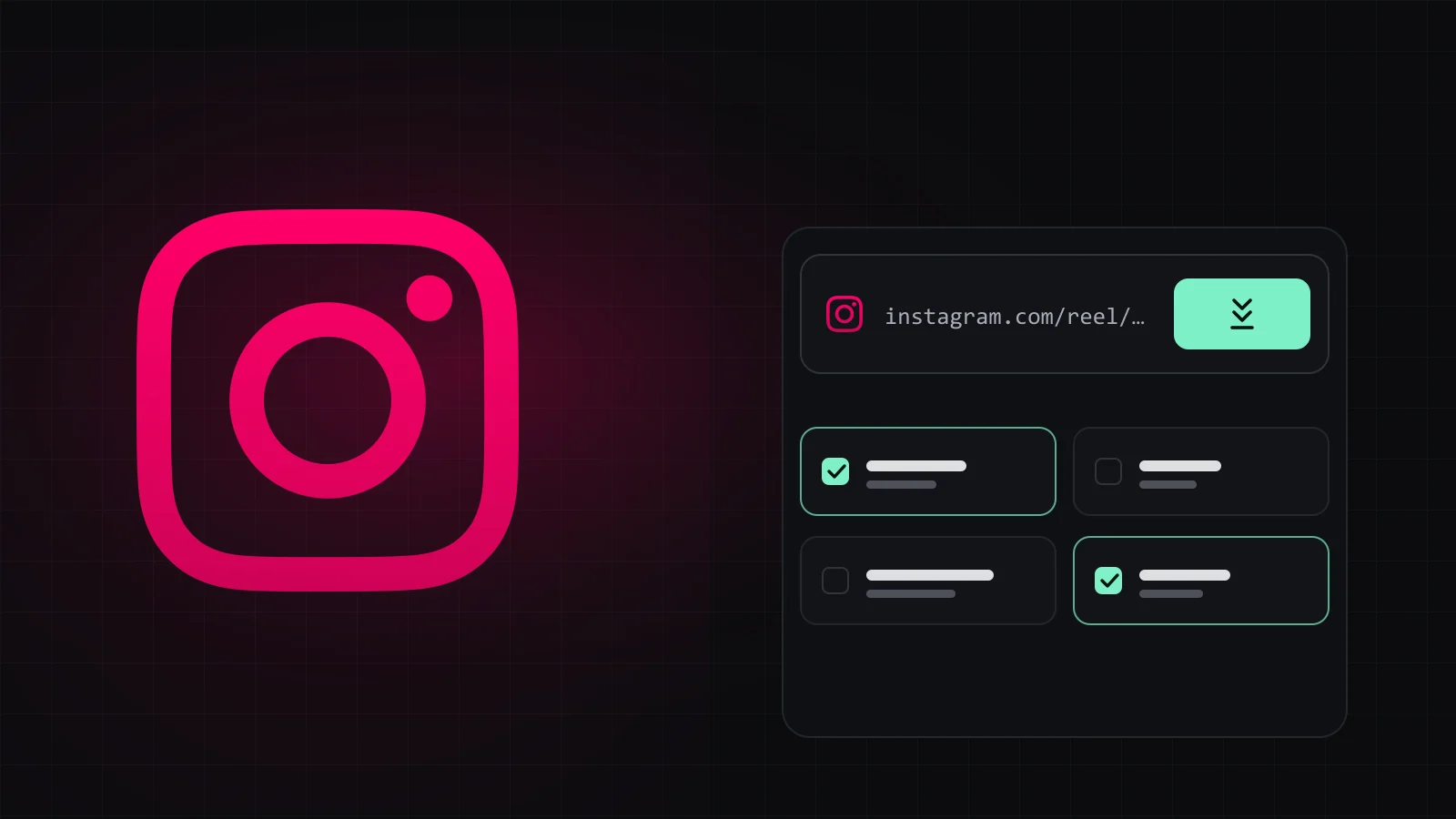 Un lien de Reel Instagram collé dans SocialDownload, avec les options vidéo, audio et miniature affichées