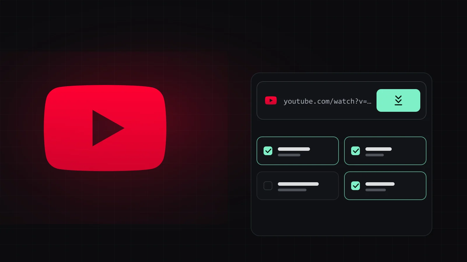 Un lien de vidéo YouTube collé dans SocialDownload, avec les options Vidéo, Audio, Transcription et Miniature cochées